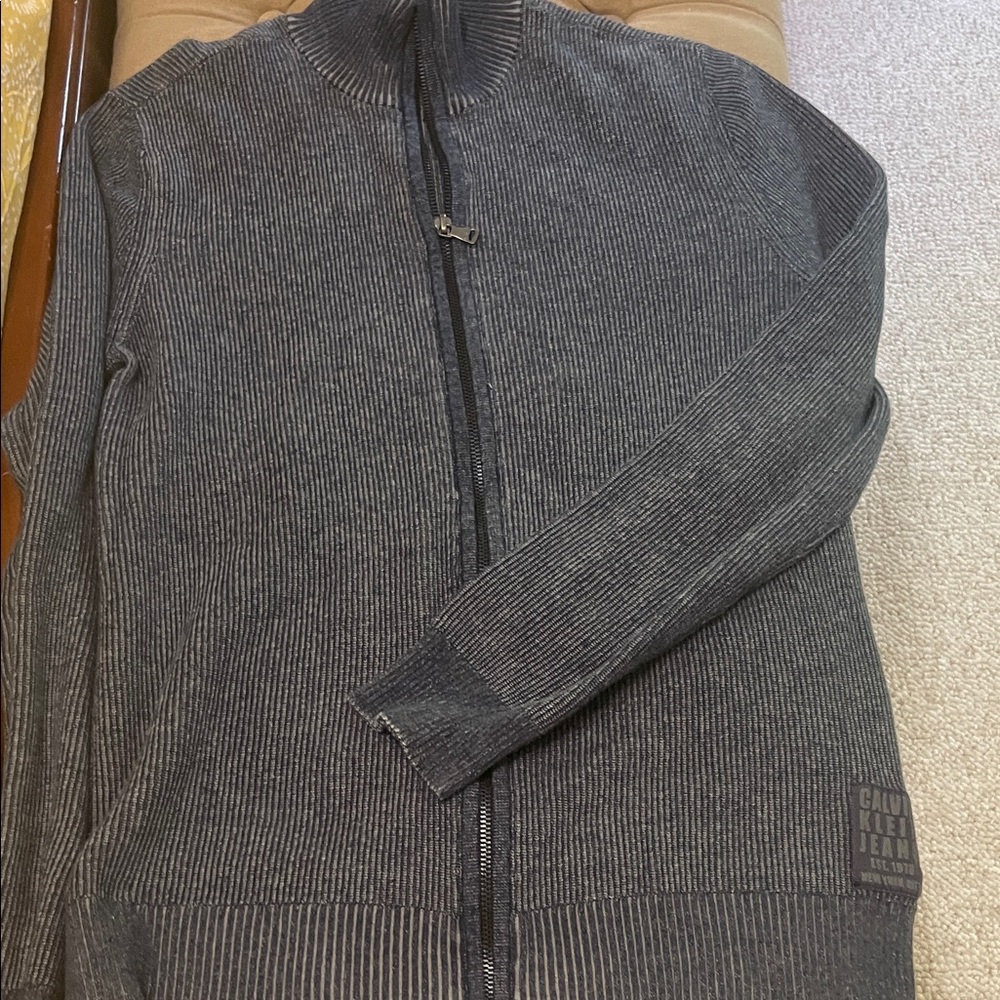 Calvin Klein Men’s Charcoal Ribbed Full-Zip Sweater Jacket